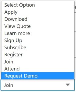 A menu of options you can use for call to actions in LinkedIn: apply, download. view quote, learn more, sign up, subscribe, register, join, attend, request demo.