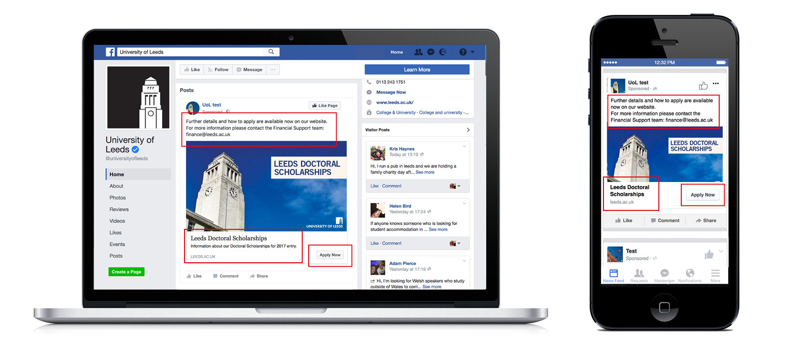 A laptop screen and mobile screen, each showing an example Facebook post that shows the placement of text, photo and call to action button elements.