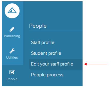 Jadu Control Centre menu. A red arrows showing you go to People > Edit your staff profile from the left-hand menu